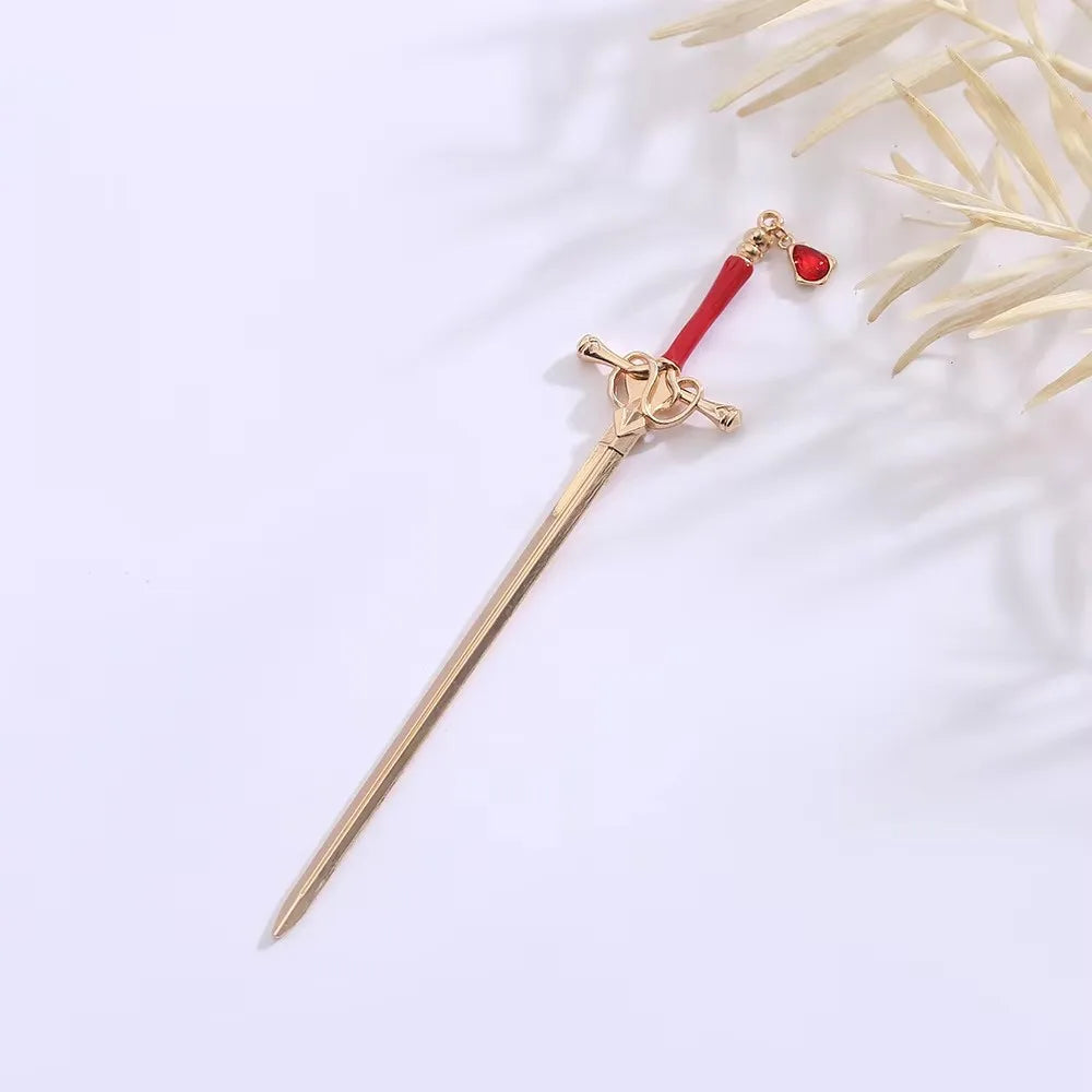 Chinese Style Sword Hairpin For Women Punk Ruby Hair Stick Ponytail Hair Pins Hairstyle Tools Daily Hair Accessories K-