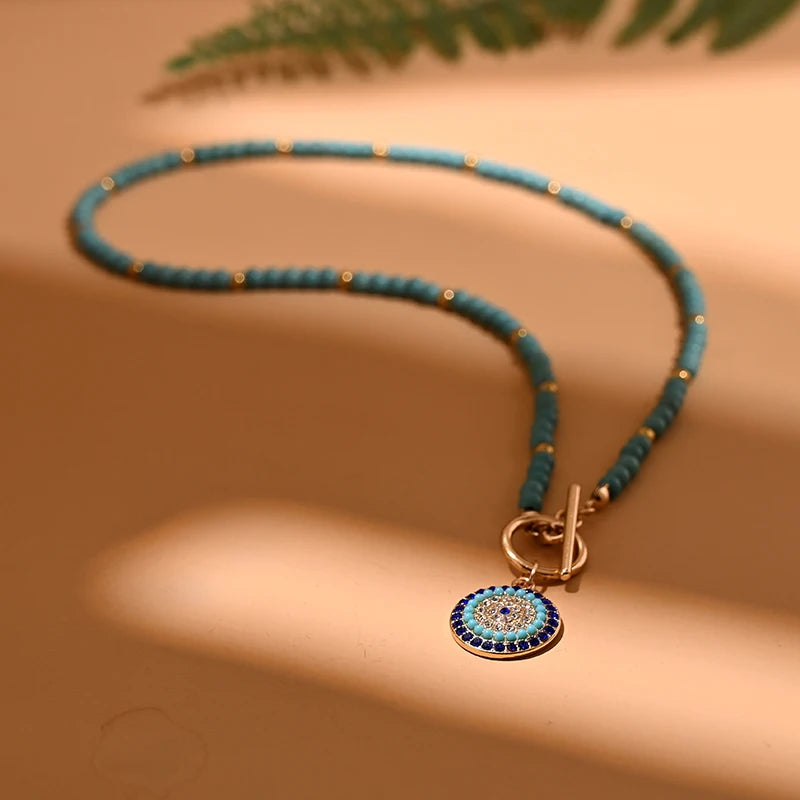 4mm Colorful Stone Choker Necklace for Women | Round Evil Charm Pendant