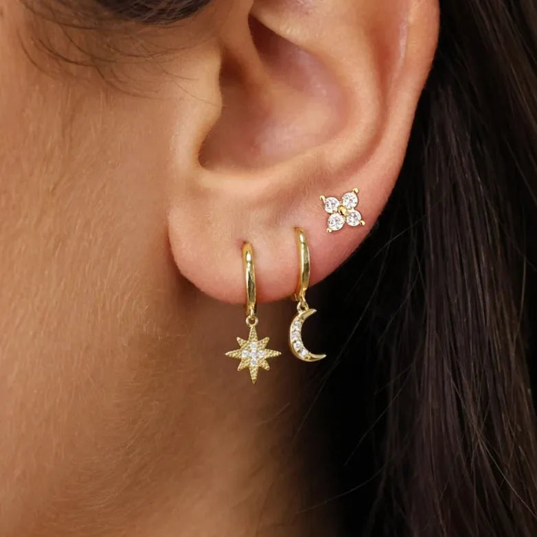 3Pcs Crystal Tragus Stud Earring Set Flower Cartilage Huggie Earring Bulk Helix Jewelr close-up view