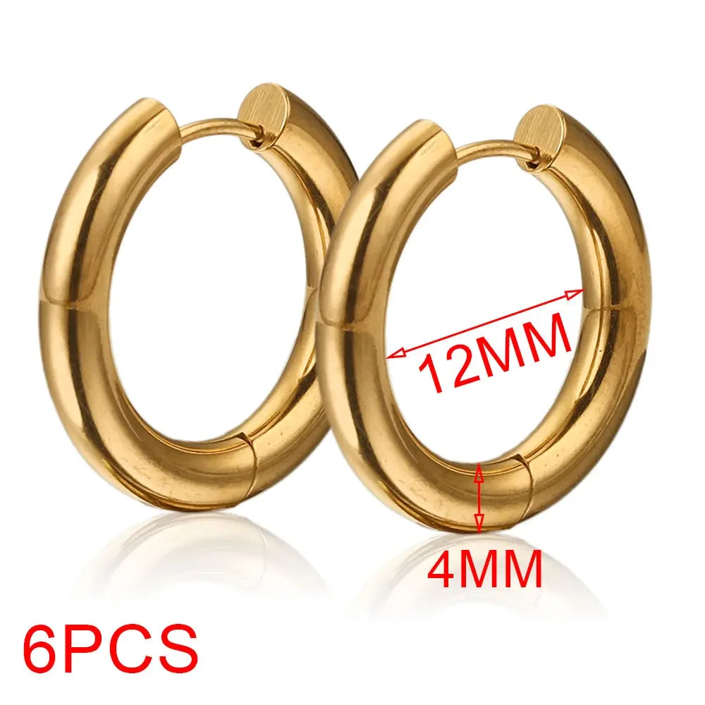 6pcs Stainless Steel 4mm Thick Earrings Gold Plated Large Round Korean Ear Rings Hoop Ea detail view