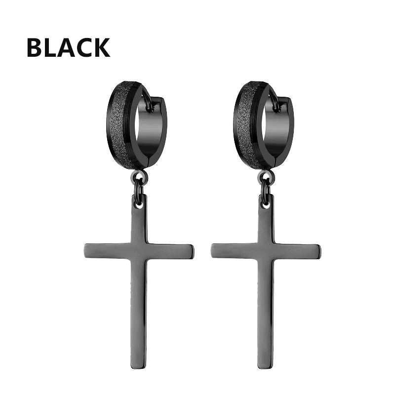 Stainless Steel Frosting Hoop Earrings | Punk Cross Dangle Earrings for Unisex lifestyle view