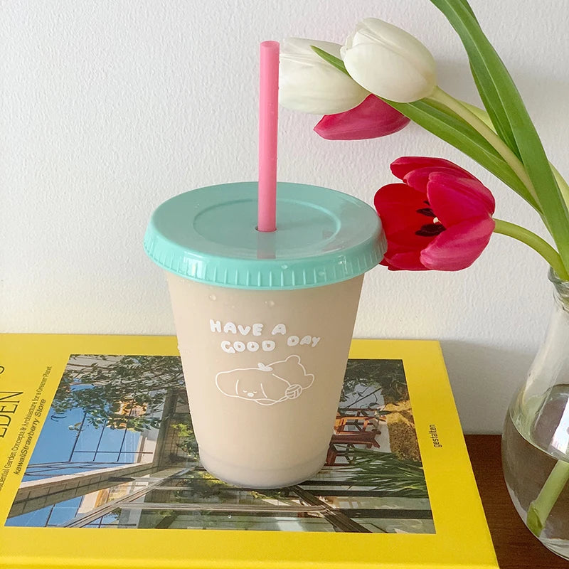 Kawaii Water Bottle For Coffee Juice Tea Cute Tumbler Plastic Cups With Straw Lid Portab detail view