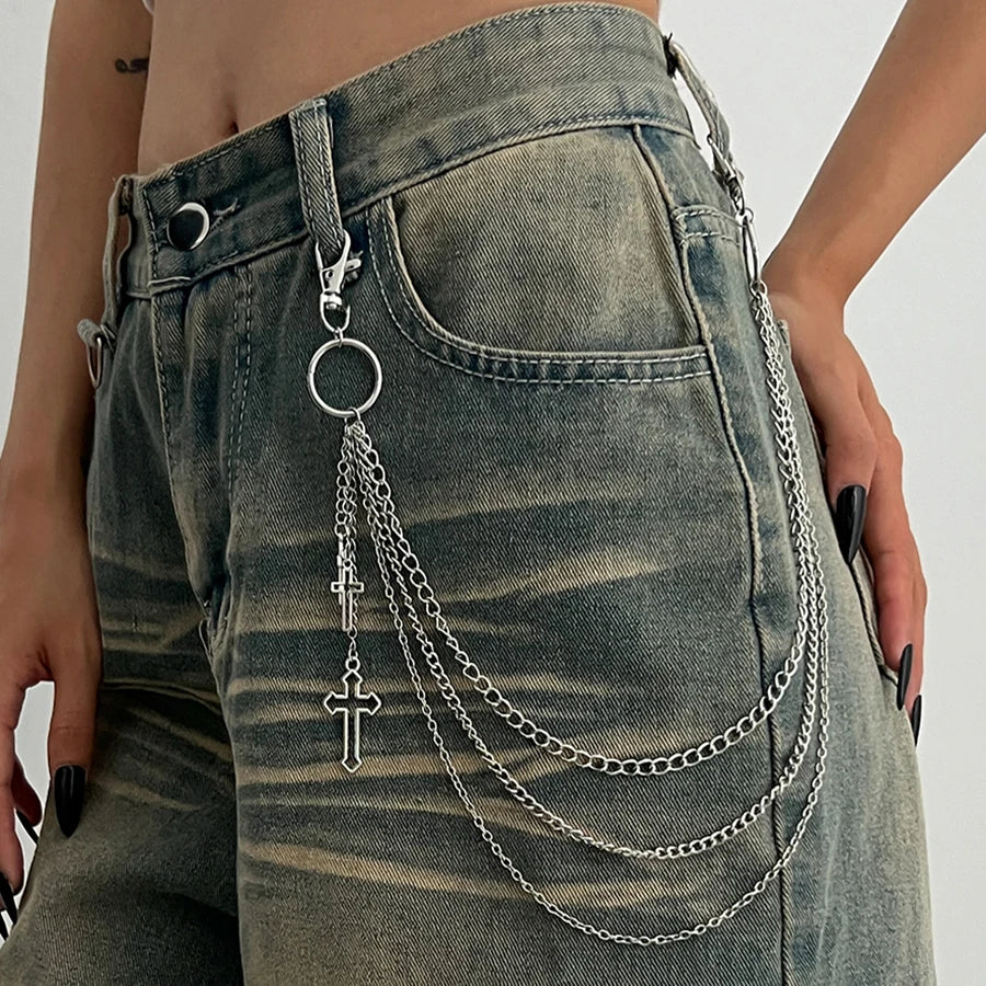 Salircon Punk Multilayer Metal Star Pendant Pant Chain Hip Hop Waist keychain Jeans additional angle