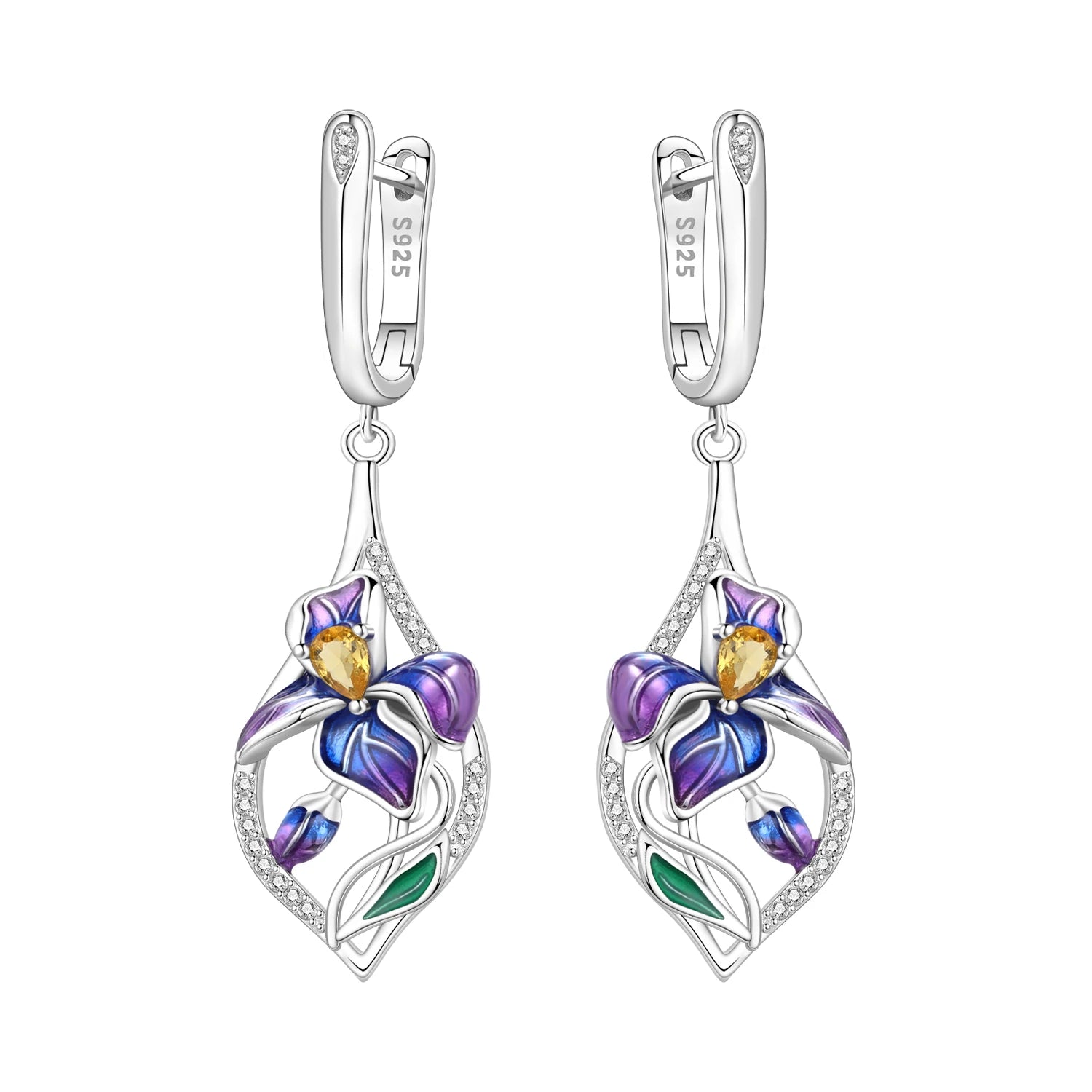 925 Sterling Silver Purple Flowers Plants Leaf Series Blue Iris Flower Earring Hoop Earrings For Women Jewelry Gifts Eardrop