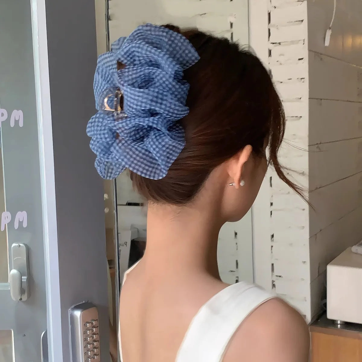 Plaid Blue Seersucker Hair Clip for Woman Elegant Temperament Shark Clip Fashion Girl Back of The Head Ponytail Clip Hair Clamp