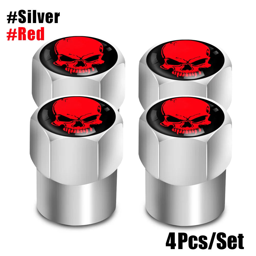 Red Skull Logo Valve Caps 4 Pcs Aluminum Alloy Tire Stem Covers lifestyle view
