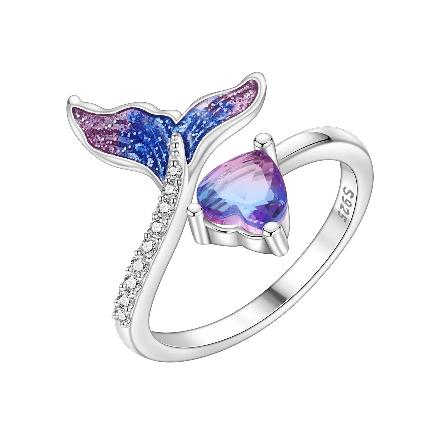2026 HOT Sale 925 Sterling Silver Open Rings Adjustable Mermaid Heart Inlaid Zircon Ri close-up view