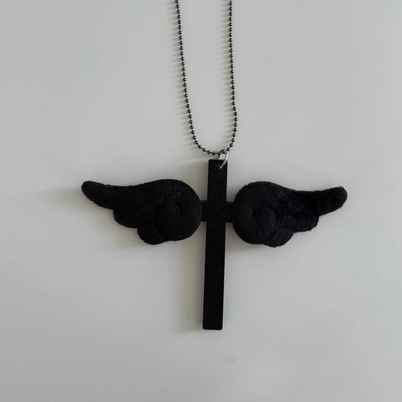 Pink Wing Cross Pendant Necklace | Y2K Gothic Jewelry for Women detail view