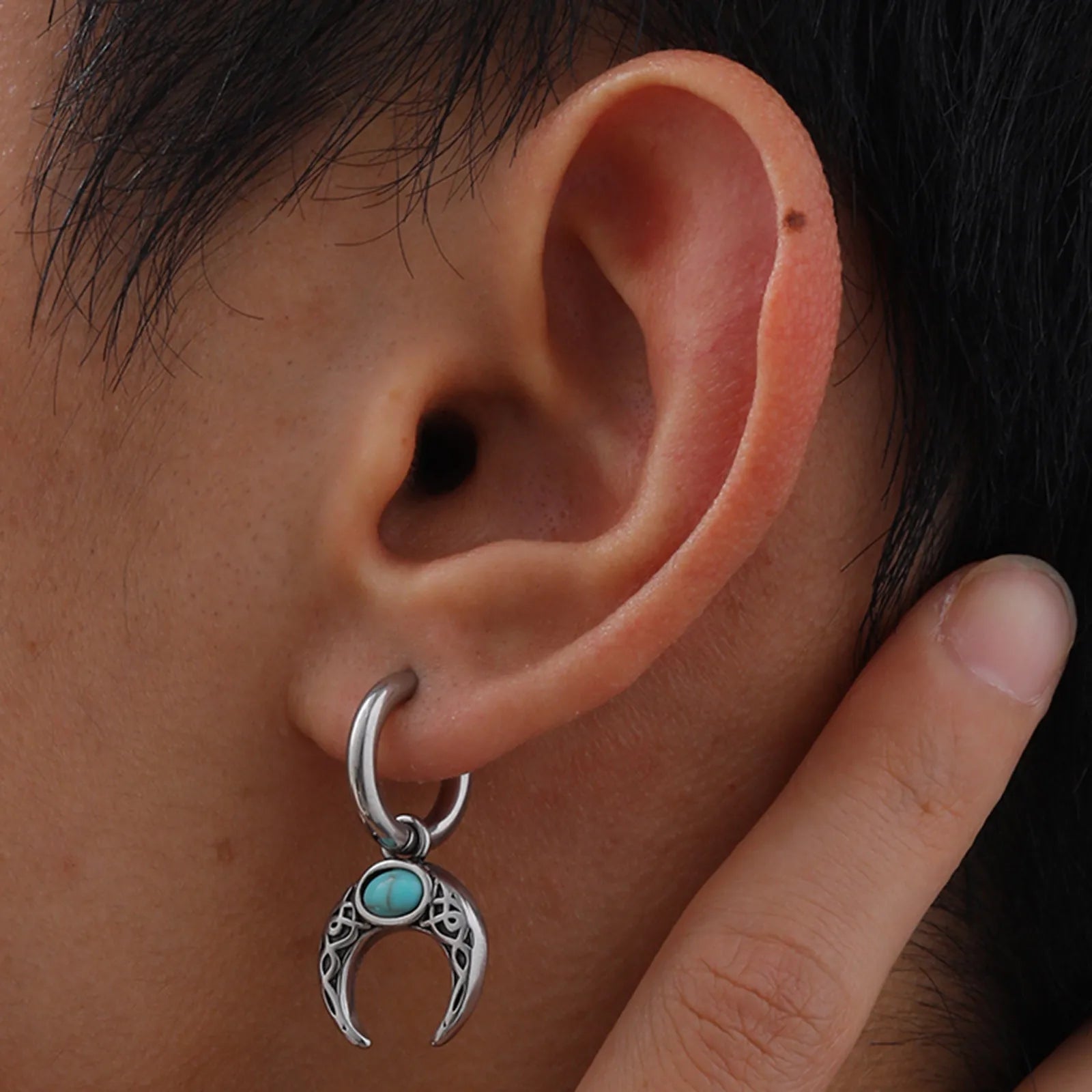 Vintage Moon Earrings for Men | Green Stone Stainless Steel Hoop Jewelry alternate view