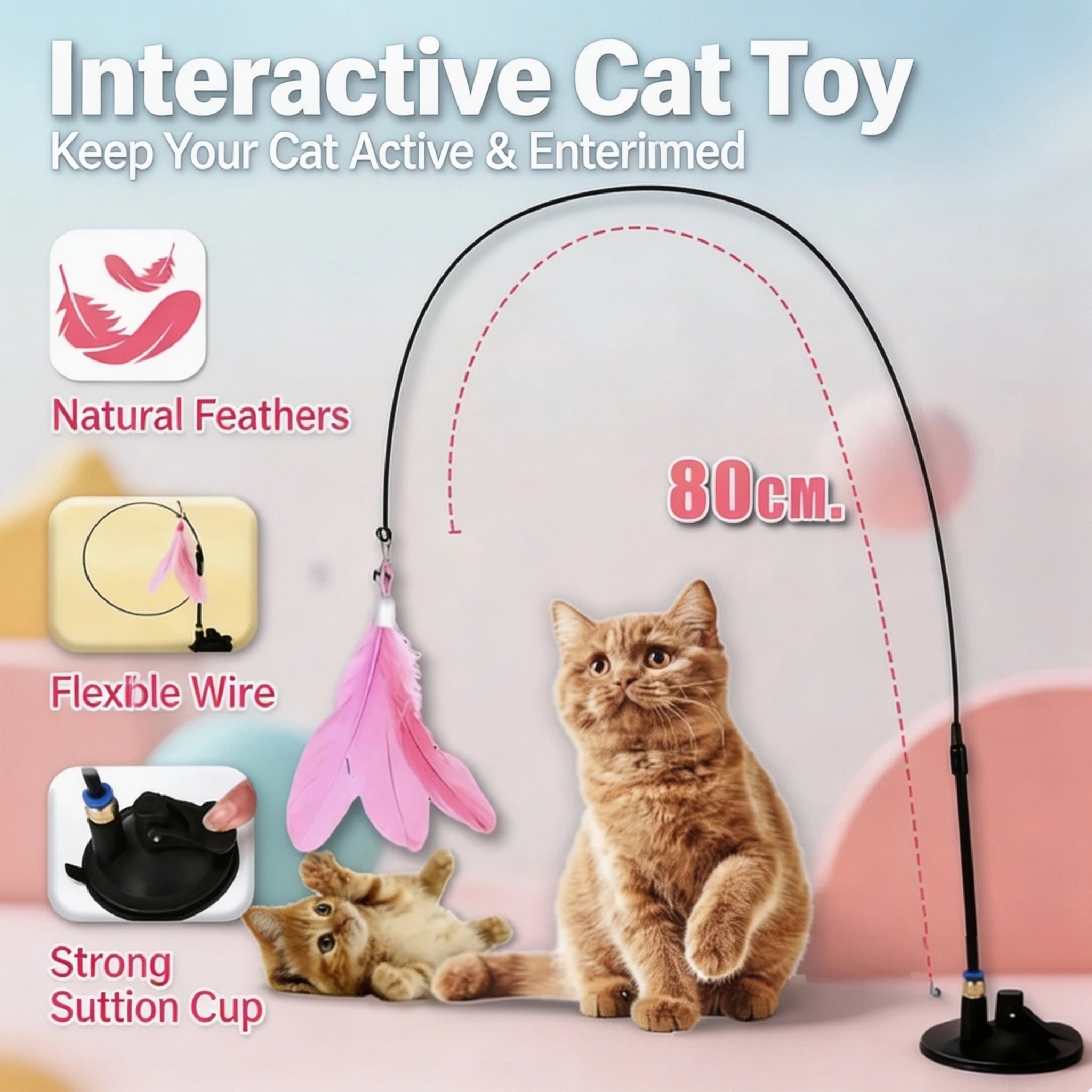 Long Pole Cat Teaser Toy with Steel Wire Feather and Sucker Cute Rotating Kitten Stick for Pet Self-