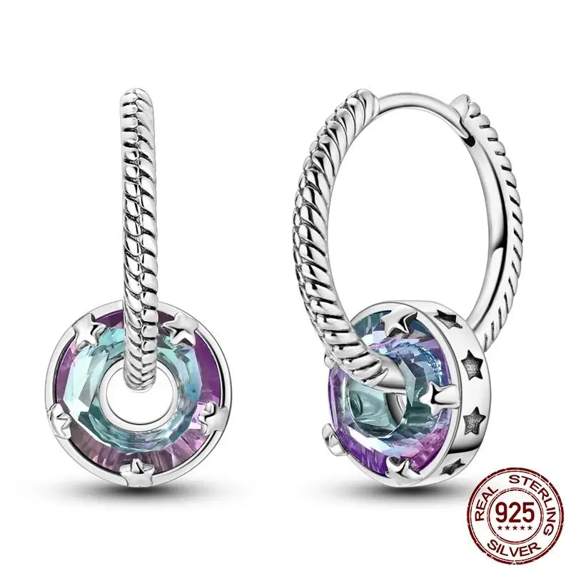 Luminous Shell Women Earrings Original 925 Sterling Silver Pave CZ Star Moon Hoop Earrin detail view
