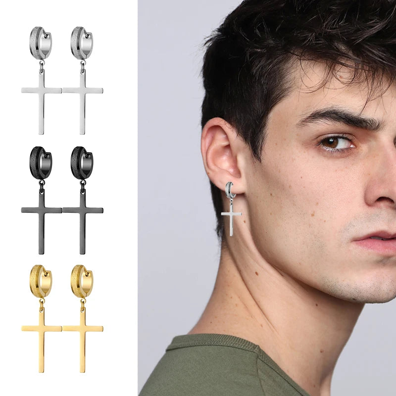 Stainless Steel Frosting Hoop Earrings | Punk Cross Dangle Earrings for Unisex lifestyle view