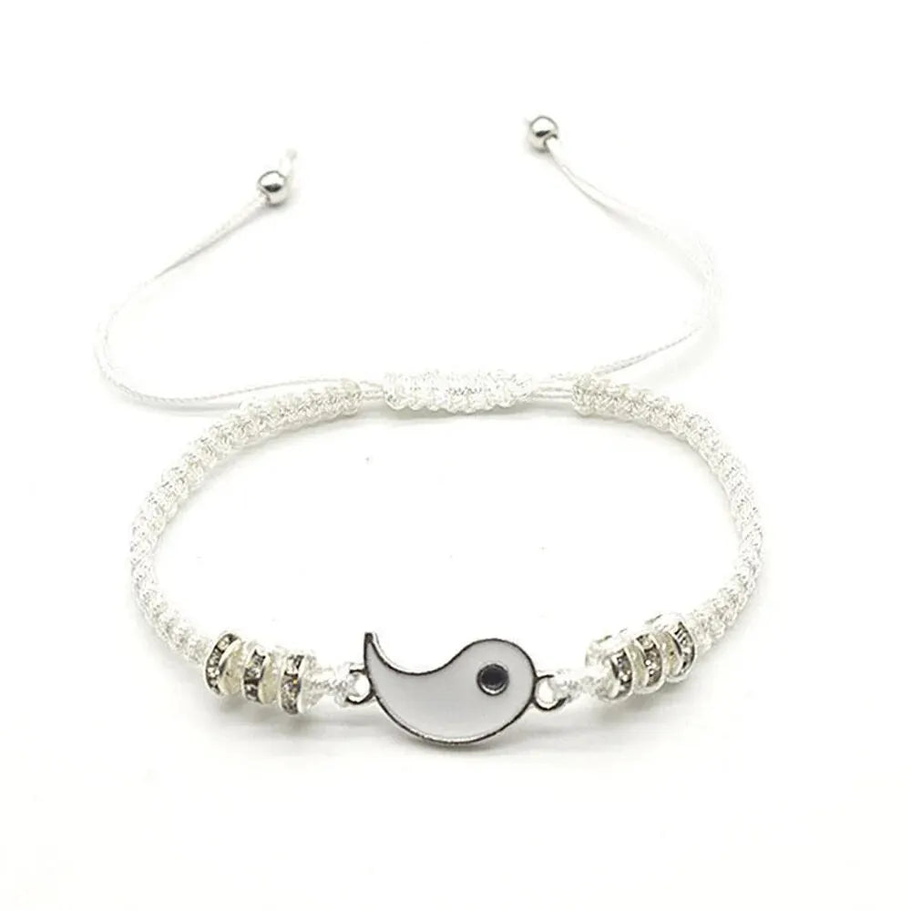 2 PC Jewelry Set Couple Black White Tai Chi Bracelet Rope Adjustable Chain Set Simple close-up view