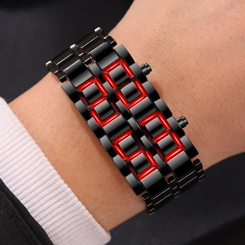 Fashion Mens Digital Lava Wrist Watch Men Black Full Metal Red Blue LED Display Watche close-up view