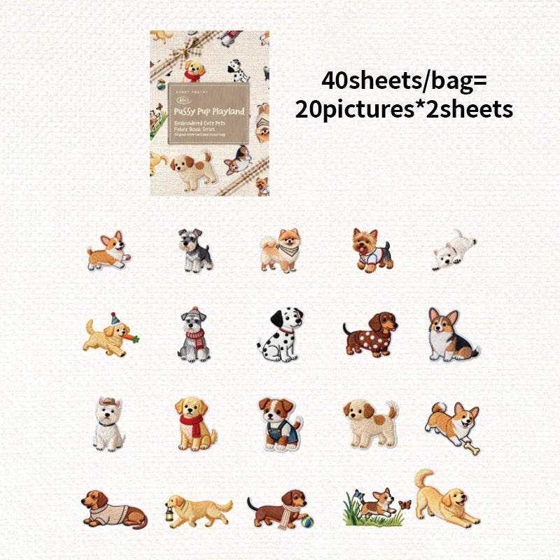 Kawaii Embroidered Fabric Pet Sticker Set | 40Pcs White Kraft Paper Journal Decor additional angle