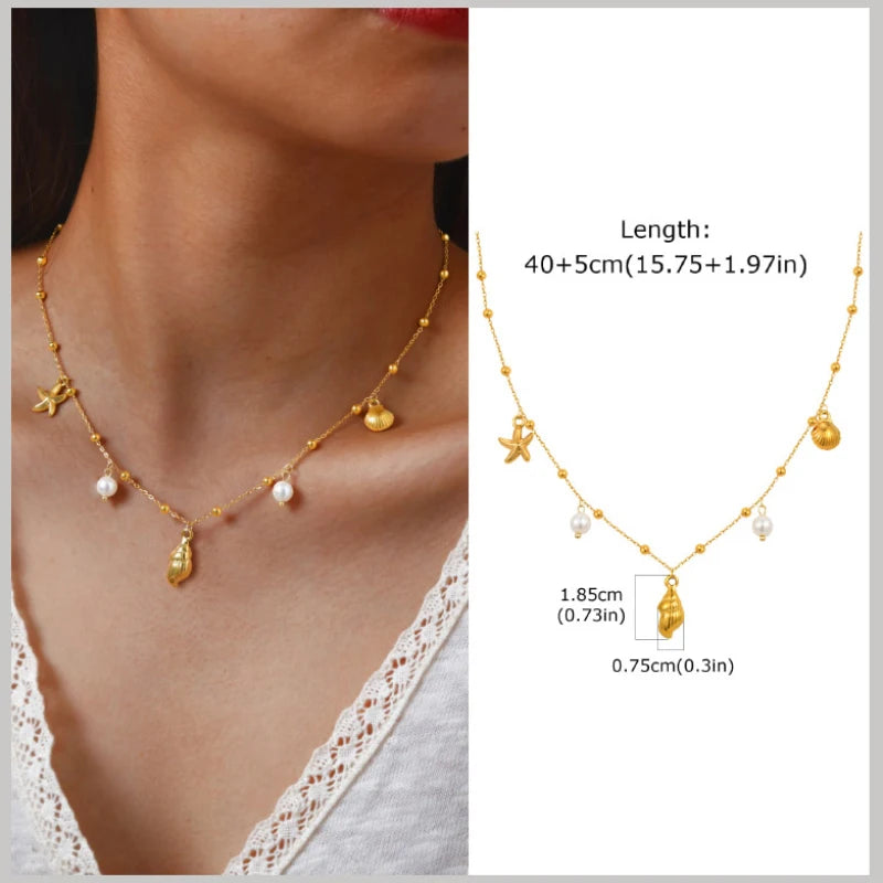 18k Gold Plated Pearl Shell Starfish Necklace | Summer Beach Jewelry for Women close-up view