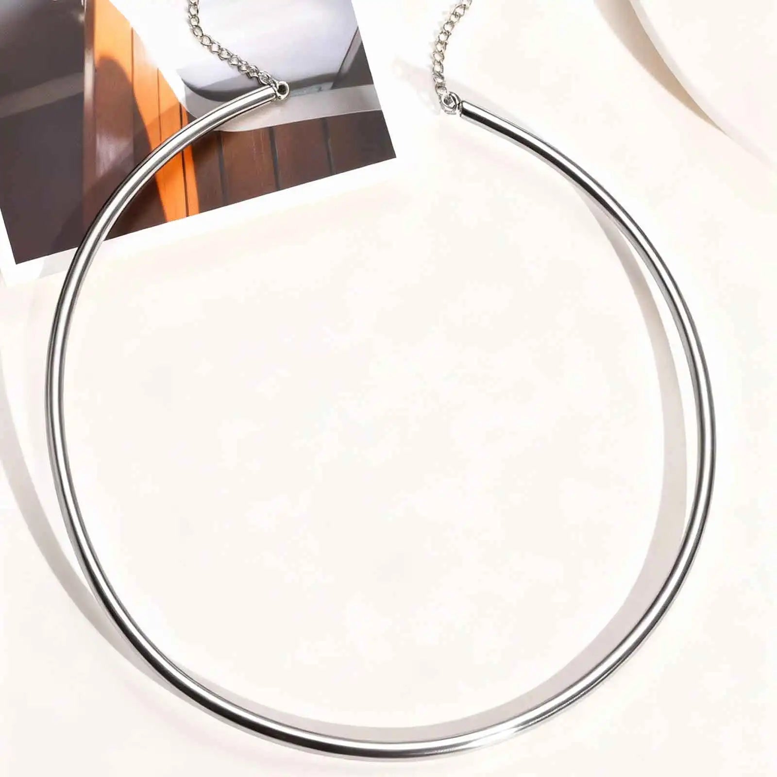 Dainty 4MM Wide Choker Necklace for Women,Silver Color Stainless Steel Necklaces, Torque detail view