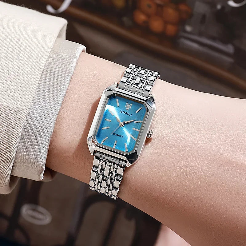 Women's Quartz Watch Rectangle Dial | Fashion Casual Steel Strap Watch close-up view