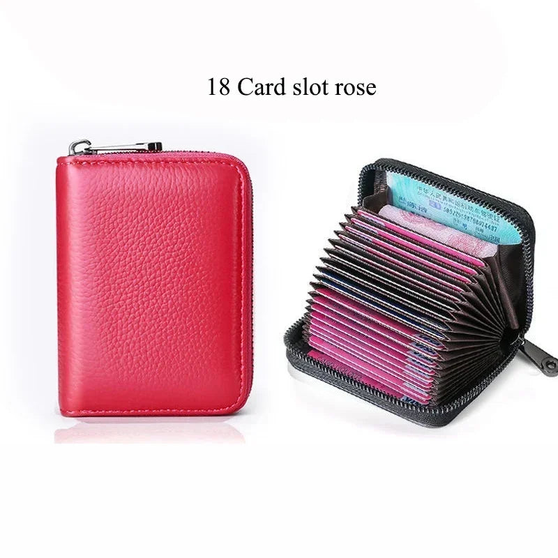 Business Card Holder Wallet | PU Leather Credit Card Case with Zipper Closure close-up view