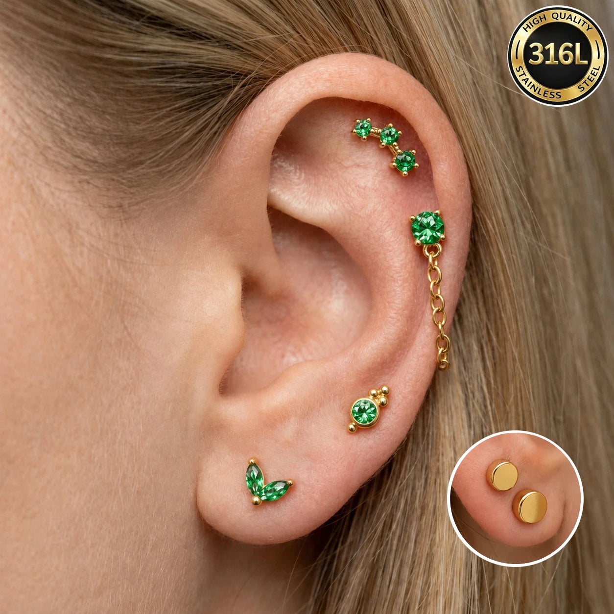 EVISPOL 18G Stainless Steel Flat Back Stud Earrings for Women Men Hypoallergenic Green CZ Tragus Hel