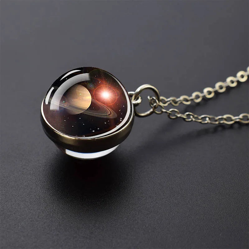 Solar System Glass Ball Pendant Necklace | Astronomy Galaxy Jewelry close-up view