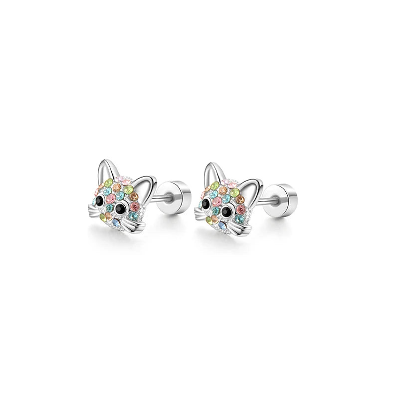 1/6 Pairs Hypoallergenic Screw Back Earrings, Flat Back Earrings Hoops Cat Turtle Cart close-up view