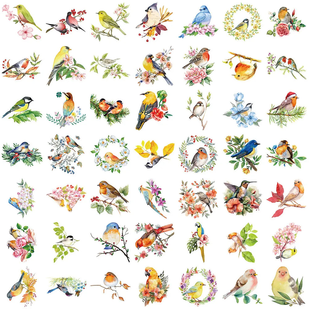 50PCS Transparent INS Watercolor Bird Sticker Pack - Waterproof PET for Scrapbookin additional angle