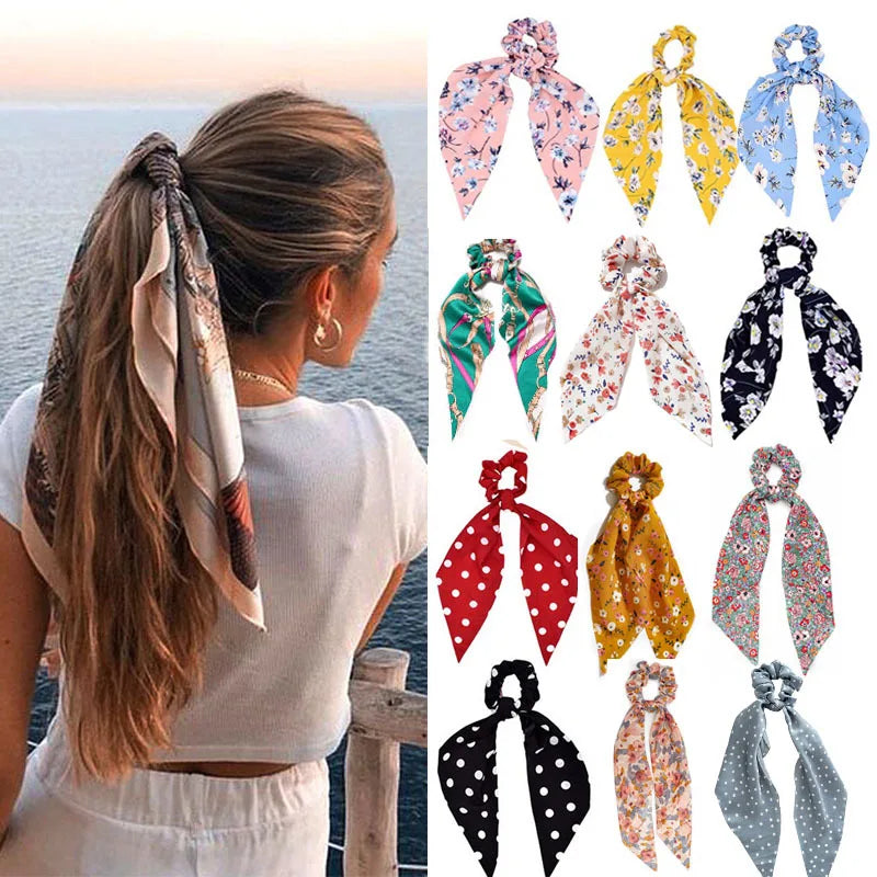 Fashion Leopard Print Bow Satin Long Ribbon Ponytail Scarf Hair Tie Scrunchies Women Girls Elastic H