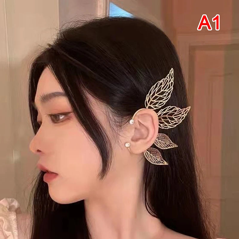 1Pc Chic Elf Ear Cuff Maple Leaf Hollowed Zircon Leaf Cosplay Fairy Earring Clips for Wo detail view