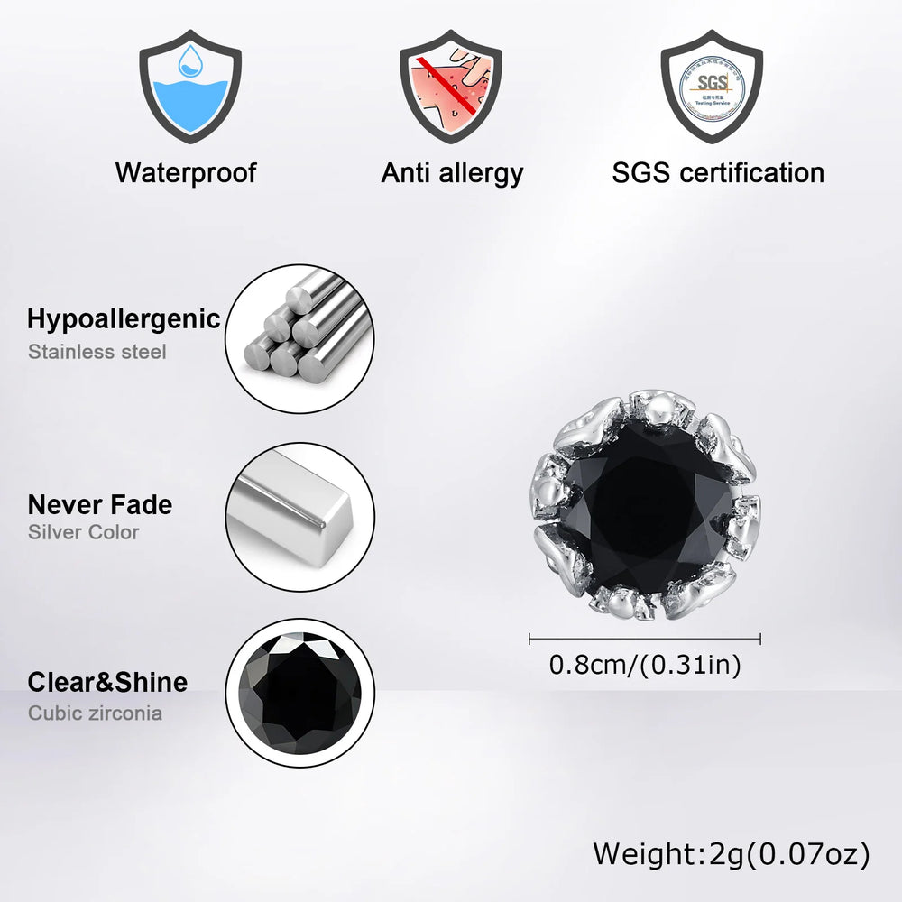 Unisex Black Onyx Screw Stud Earrings | Stainless Steel Retro Earrings for Men and Wom close-up view