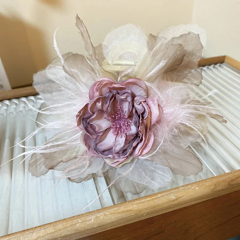 Pink Flower Hair Claws for Women Fashion Sweet Big Hairpin Temperament Grab Clip Lace Hair Accessories Wholesale Gifts