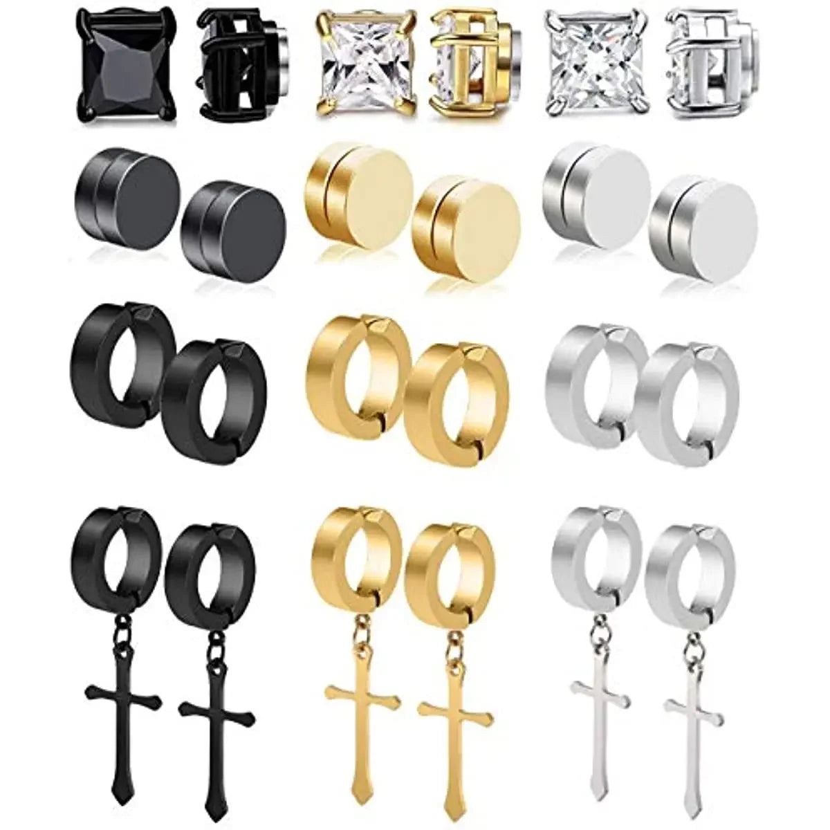 1/6 Pairs Stainless Steel Cross Pendant Clip Earring Non Piercing Fake Hoop Stud Earrings for Men Wo