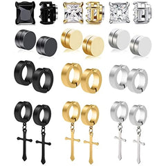 1/6 Pairs Stainless Steel Cross Pendant Clip Earring Non Piercing Fake Hoop Stud Earrings for Men Wo