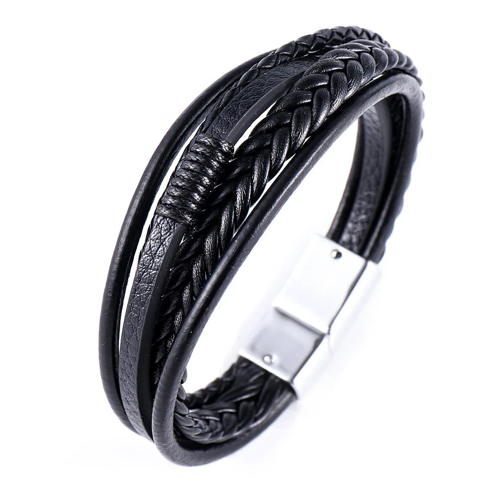 Multi Layer Braided Rope Bracelet for Men | Classic Handmade PU Leather Wristband with close-up view