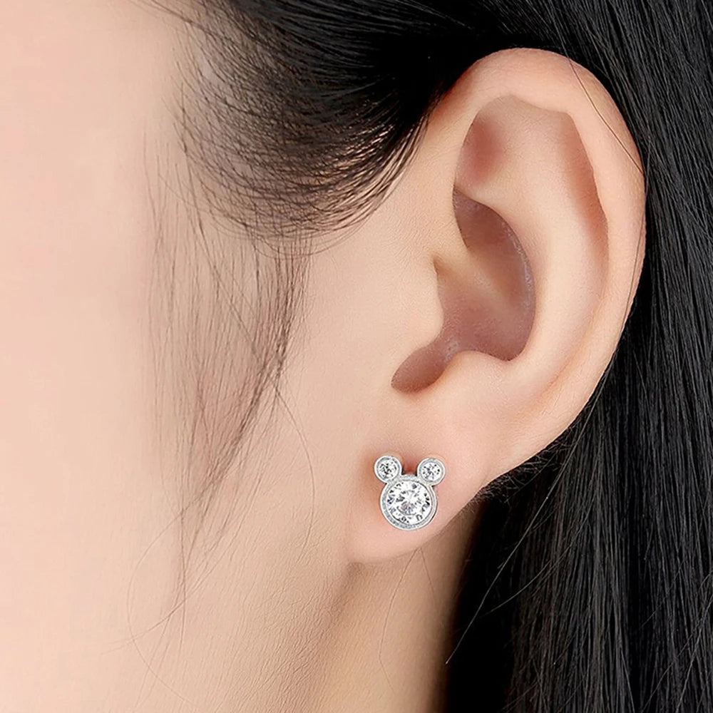 Hot Selling 925 Sterling Silver Cute Dazzling Mouse Cartoon Stud Earrings For Women G lifestyle view