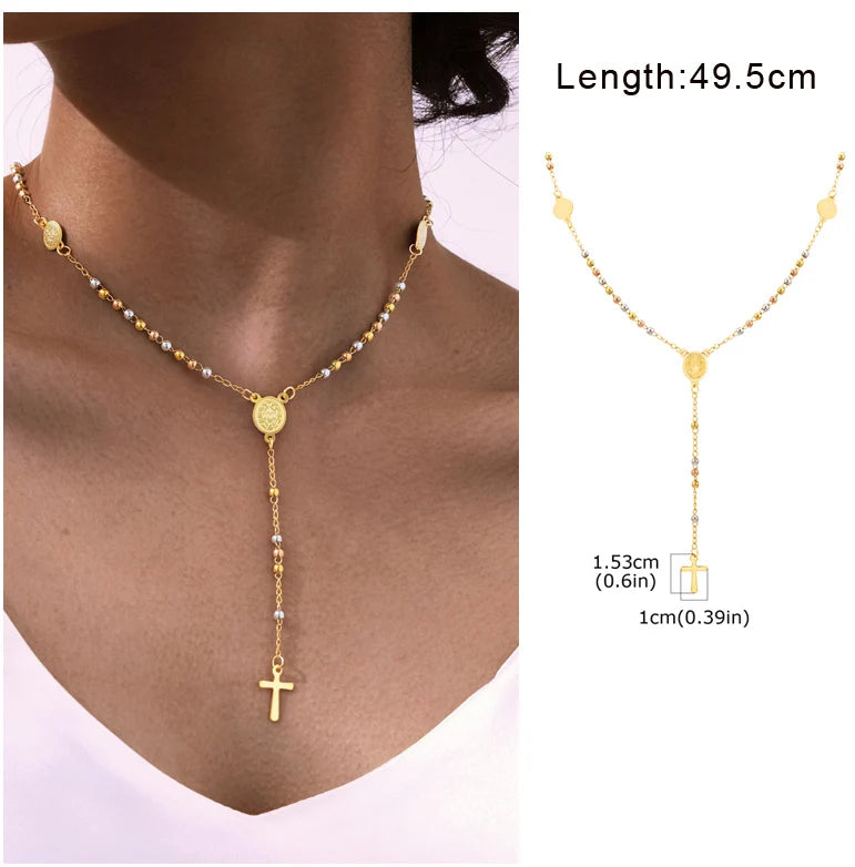 Beaded Long Chain Y Shape Necklace For Women, Minimalist Drop Bar Pendant Choker Neckl close-up view
