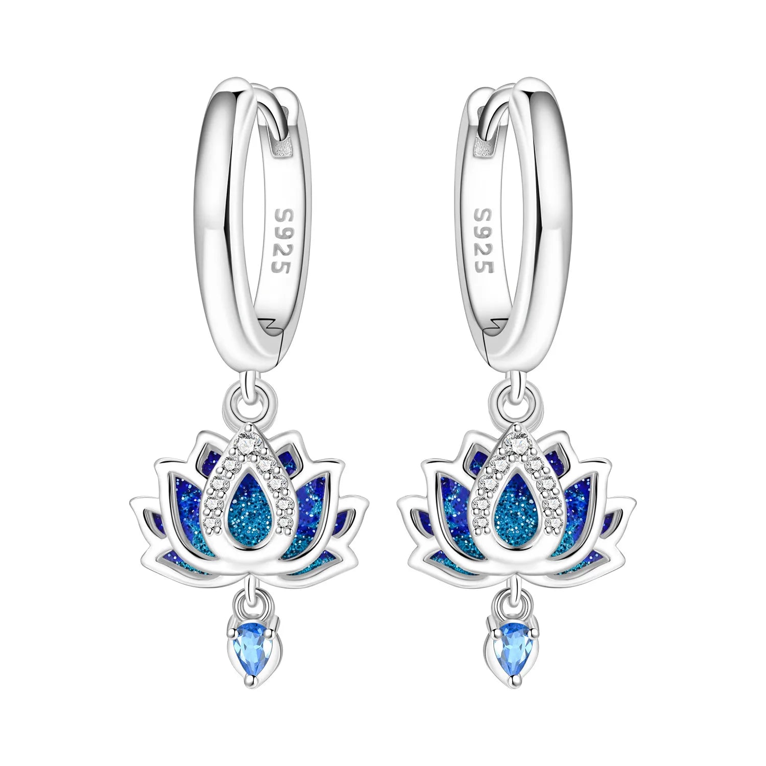925 Sterling Silver Purple Flowers Plants Leaf Series Blue Iris Flower Earring Hoop additional angle