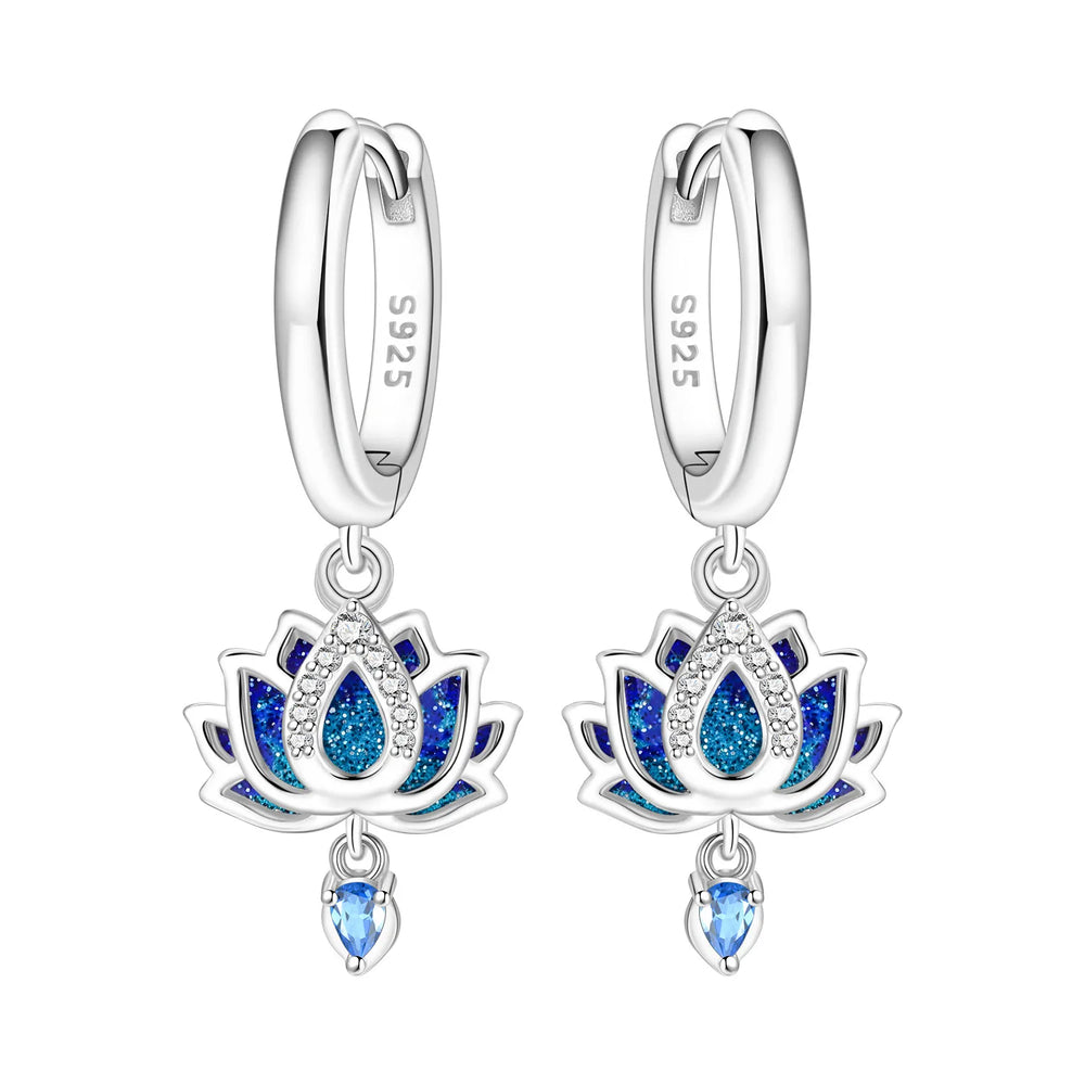 925 Sterling Silver Purple Flowers Plants Leaf Series Blue Iris Flower Earring Hoop additional angle