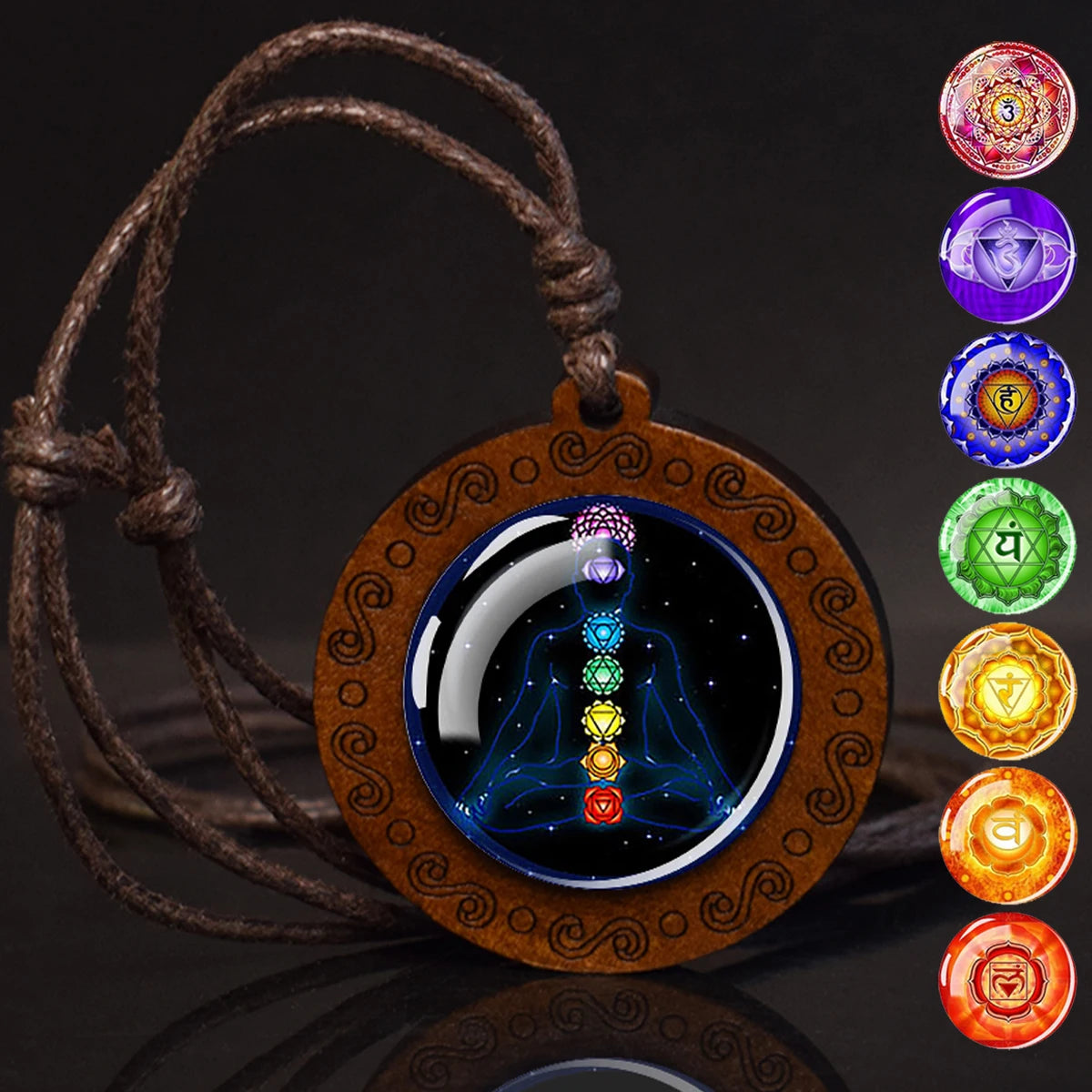 7Chakra Symbol Necklace Yoga Meditation Glass Dome Vintage Wooden Pendant Rope Chains Necklace Women