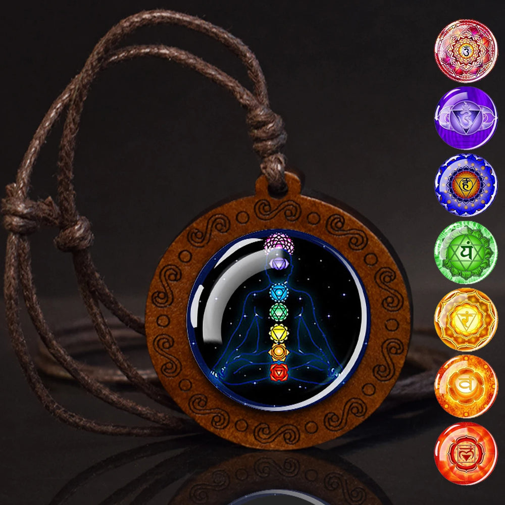 7Chakra Symbol Necklace Yoga Meditation Glass Dome Vintage Wooden Pendant Rope Chains Necklace Women