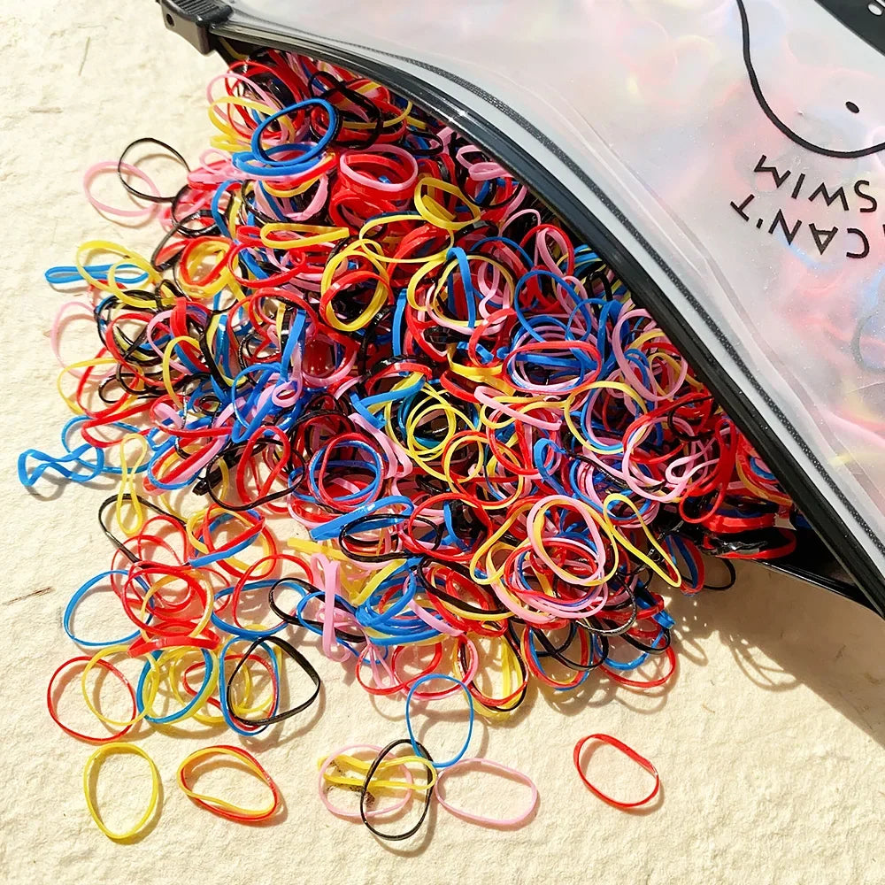 1000 Pcs/Bag Small Clear Rubber Band Black Holder Hair Ties Gum White Colorful Elastic close-up view