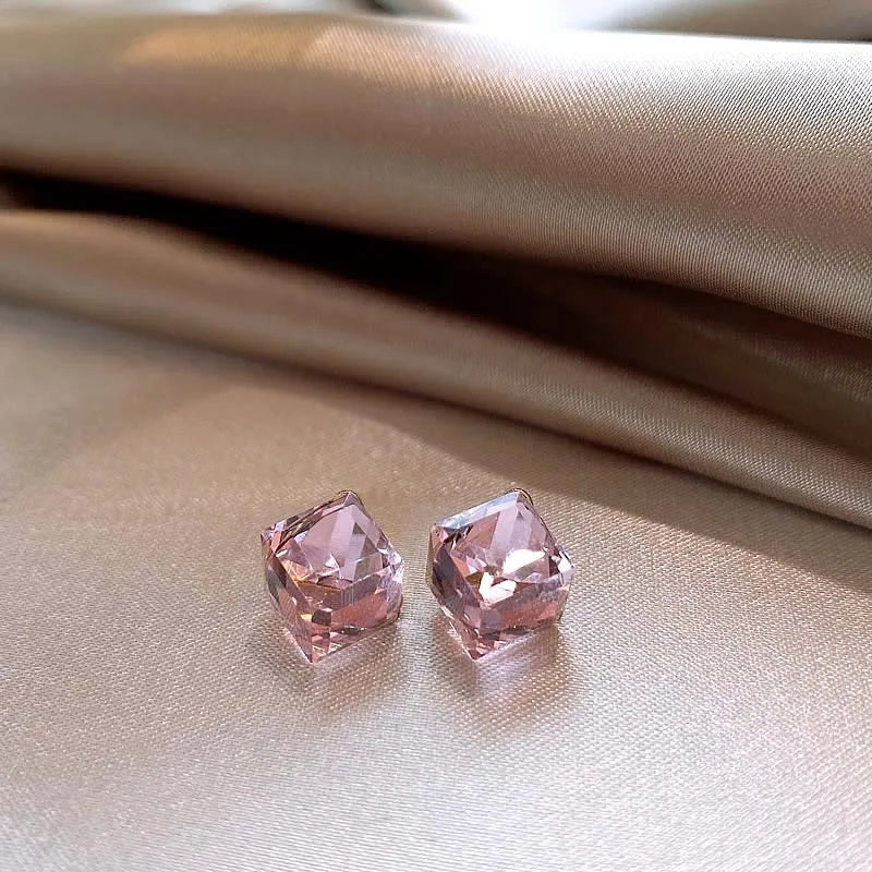 2025 New Shiny Crystal Square Stud Earrings for Women Sweet Colorful Zircon Geometric Pi detail view