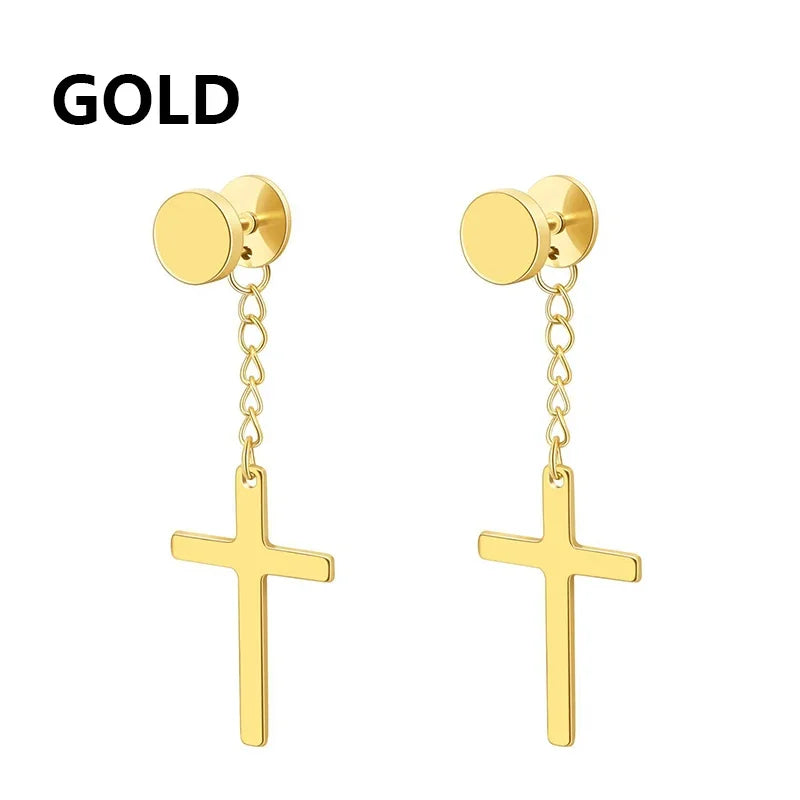 2pc Stainless Steel Men Cross Stars Punk Dangle Earrings Gothic Woman Cross Ear Hoop Ear detail view