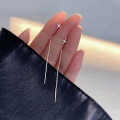 JWER S925 Silver Needle Star Line Earring for Women Tassel Drop Earring Long Chain Beads detail view