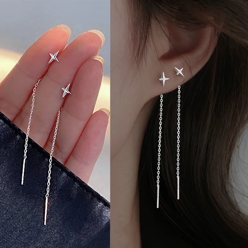 JWER S925 Silver Needle Star Line Earring for Women Tassel Drop Earring Long Chain Beads Piercing Ea