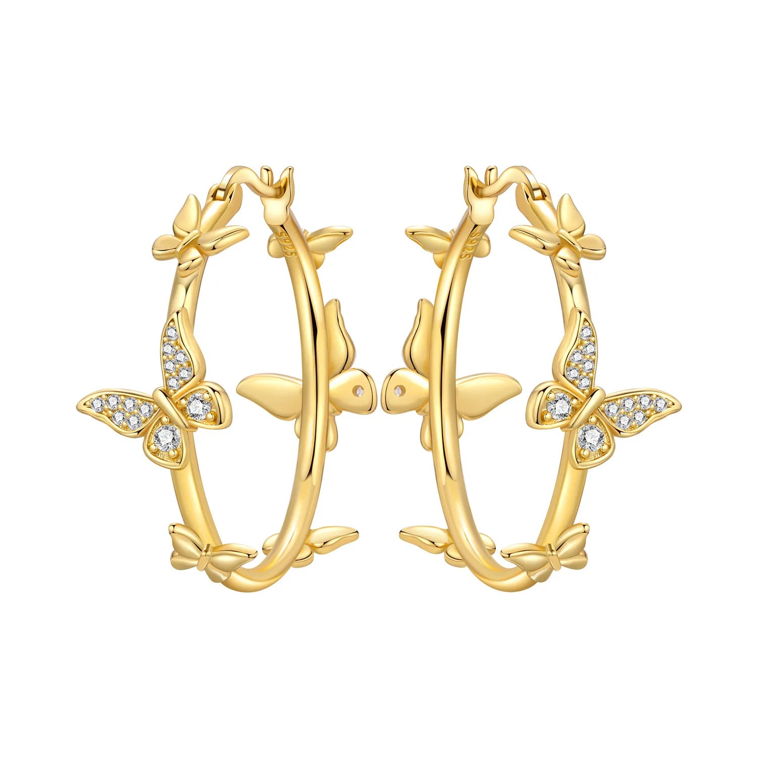 PANPOKI Original 925 Sterling Silver Double Butterfly Insect Earrings Women Hoop Earring detail view