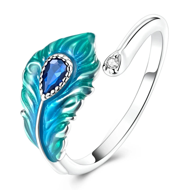Original 925 Sterling Silver Malachite Green Open Ring Peacock Feather Adjustable R additional angle