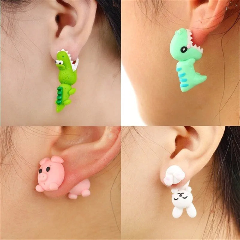 New Fashion Cute Animal Female Creative Handmade Earrings Polymer Clay Dinosaur Dog Ca close-up view