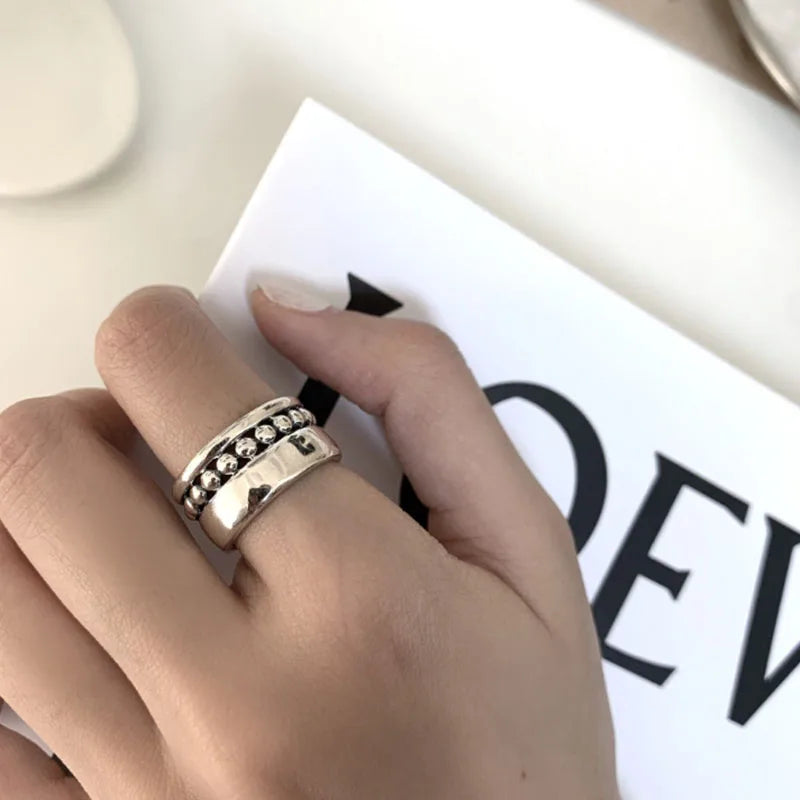 VENTFILLE 925 Sterling Silber Geometrischer Mehrschichtiger Ring mit runden Perlen | Modischer Punk-Temperament-Schmuck