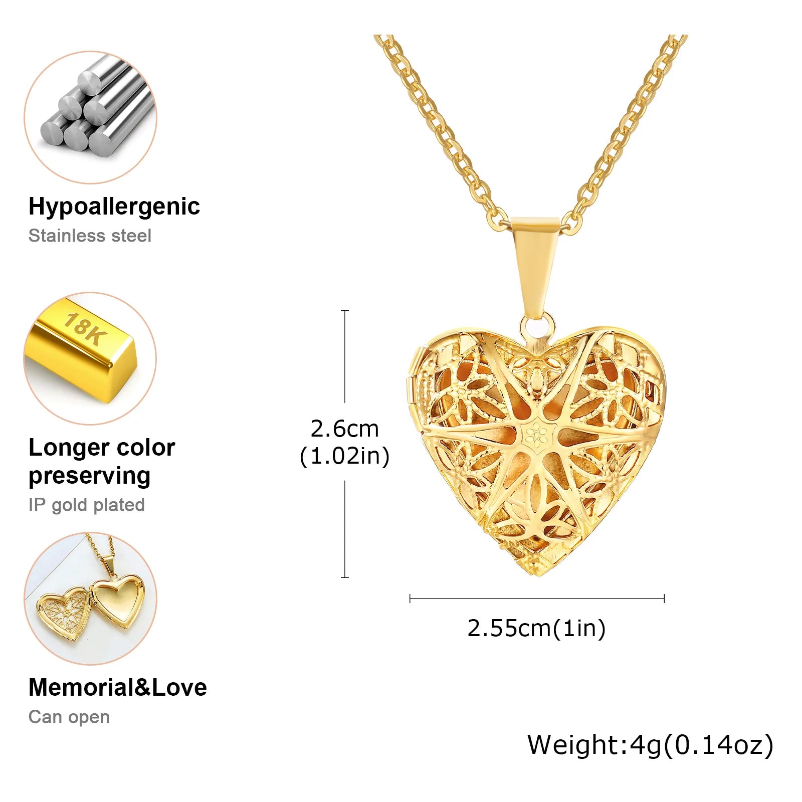 Vnox Light Heart Locket Pendants for Women Men Openable Photo Frame Glossy Stainless alternate view